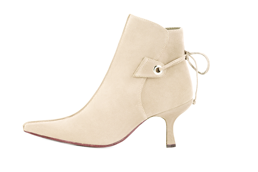 Champagne beige women's ankle boots with laces at the back. Pointed toe. High spool heels. Profile view - Florence KOOIJMAN